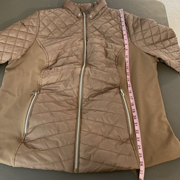 Susan Graver Womens XL Quilted Jacket Ponte Side Panels Zip Pockets Tan Puffer - Picture 11 of 14